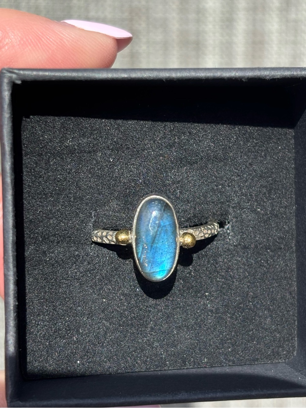 Sterling Silver Labradorite Ring - Blue Flash with gold plated accents size 7.25